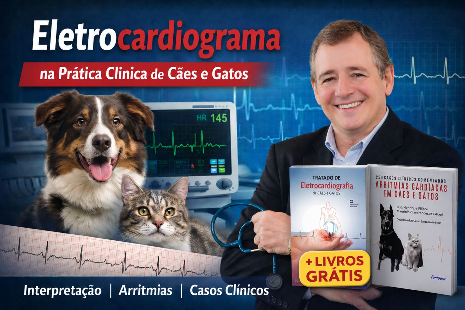 Eletrocardiograma na Prática Clínica de Cães e Gatos + Livro Tratado de Eletrocardiografia de Cães e Gatos + Arritimias Cardíacas em Cães e Gatos